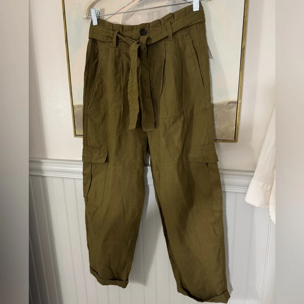 ZARA Army Green Linen Cargo High Waist Cropped Pant Size XS NWT